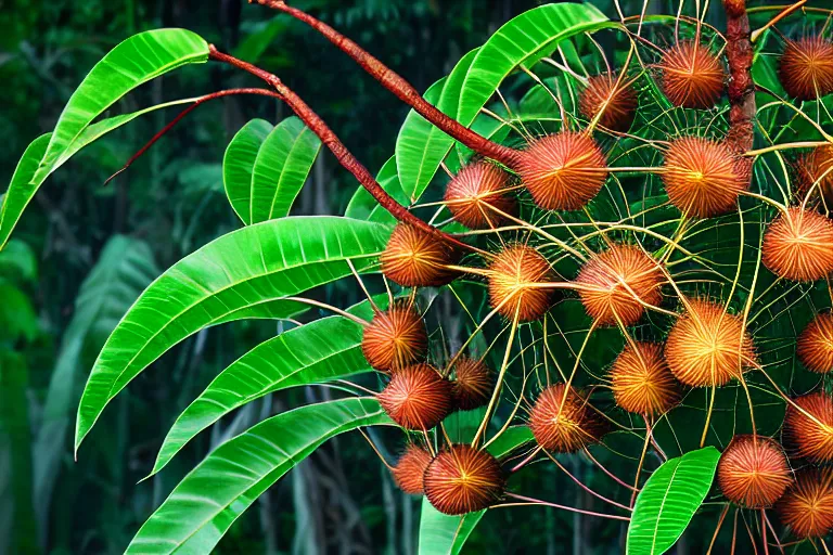 Image similar to jungle of the rambutan, art by ron miller and matthew stawicki and jurgen ziewe, trending on artstation, halfrear lighting microscopic view telephoto lens, cgsociety, final, long exposure, socialist realism