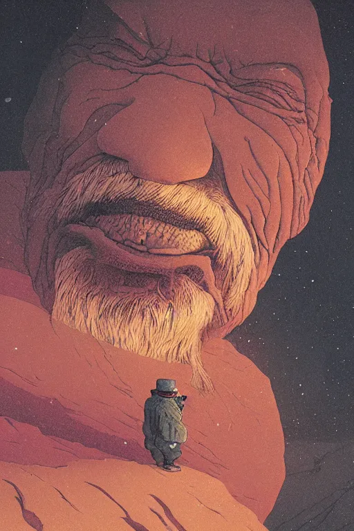 Prompt: a closeup portrait of an old man sucking a blotter paper of LSD acid and dreaming psychedelic hallucinations in the vast icy landscape of Antarctica, by kawase hasui, moebius, Zdzislaw Beksinski, colorful flat surreal design, hd, 8k, artstation
