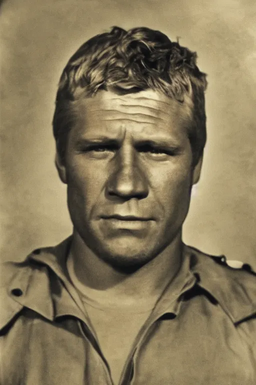 Prompt: a tintype photo of Steve McQueen from the great escape