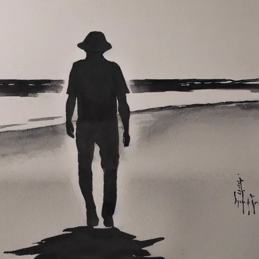 Image similar to ink and brush drawing of ben mendelsohn walking on the beach smoking, sunset