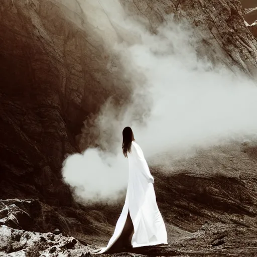 Image similar to photo, a woman in a giant flowing incredibly long dragging white dress made out of white smoke, standing inside a dark western rocky scenic landscape, volumetric lighting