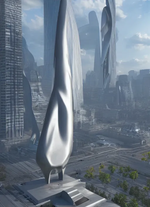 Image similar to highly detailed architecture render of a huge high futuristic metallic stele sculpture in the style of zaha hadid standing in city park, archdaily, made in unreal engine 4