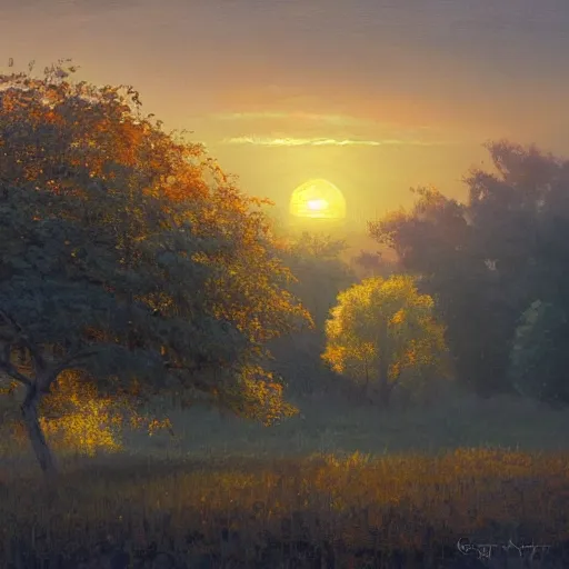 Image similar to a beautiful painting by banska stiavnica nature in sunset, translucent fruit tree, peach, by greg rutkowski and james gurney, artstation