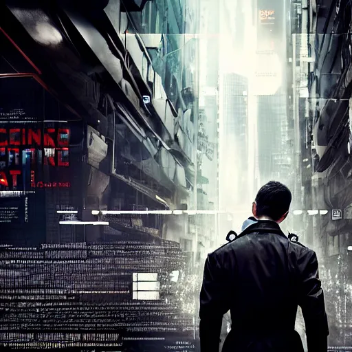 Image similar to Movie poster, cyberpunk, futuristic, technology, detective in trench coat looking away from the camera, cinematic lighting, depth of field, highly detailed