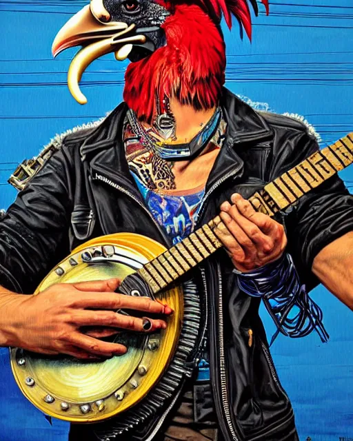 Image similar to a portrait of an anthropomorphic cyberpunk rooster shredding a banjo by sandra chevrier, by jon foster, detailed render, tape deck, epic composition, cybernetics, 4 k realistic, cryengine, realistic shaded lighting, sharp focus, masterpiece, by enki bilal