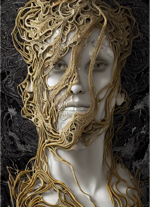 Image similar to marble sculpture of many beautiful woman, oil slick, palladium veins, dripping, mandelbulb, oil, melting, hypercube, ivory carving, fractal paisley inlay, lace, intricate, elegant, highly detailed, gold inlay, metallic, ivory, artgerm, lace, by ruan jia, greg rutkowski, mucha, zbrush, nick alm