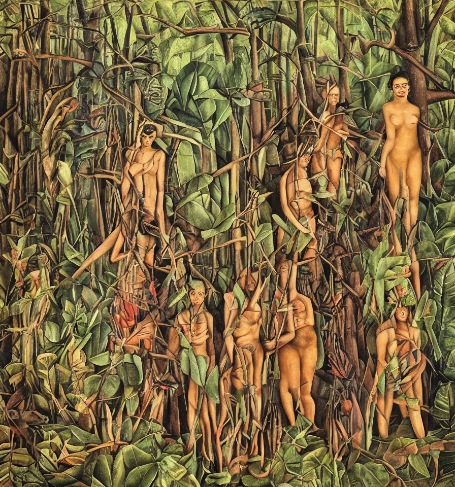 Prompt: four warrior angels lost in a forest painted by frida kahlo and ivanov vsevolod