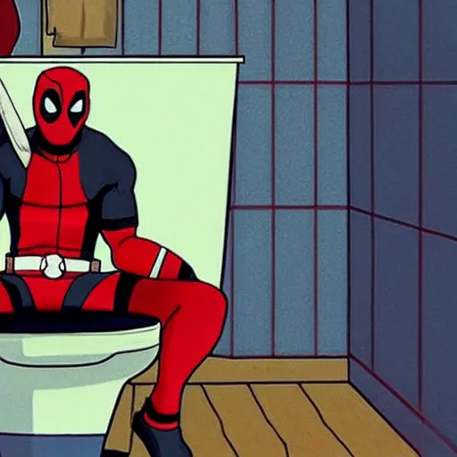 Prompt: Deadpool sitting on the toilet, eating a hamburger, by studio ghibli,