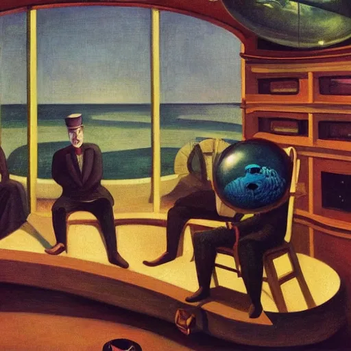 Image similar to deep sea scientists in a giant bathysphere, interior, fantastical, comedic, dystopian, grant wood, pj crook, edward hopper, oil on canvas