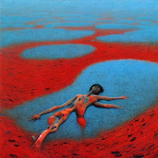 Image similar to people with blood all over them, sea made of the blood, ground is made from gravel, clear blue sky, gravel ground, beksinski style