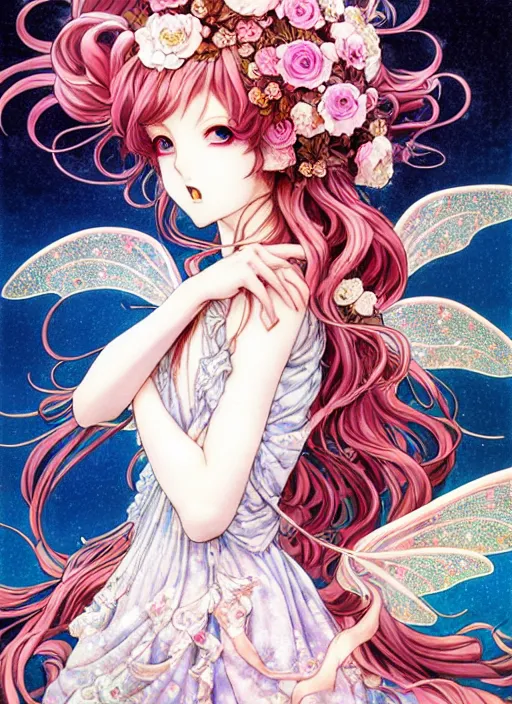 Image similar to exquisite imaginative manga poster of a fairy lady, long wavy hair, rococo dress, shimmering, by ayami kojima, shigenori soejima, minaba hideo,, jump comics, shogakukan, illustration, artstation, highly detailed, 8 k, fluorescent, maximalist