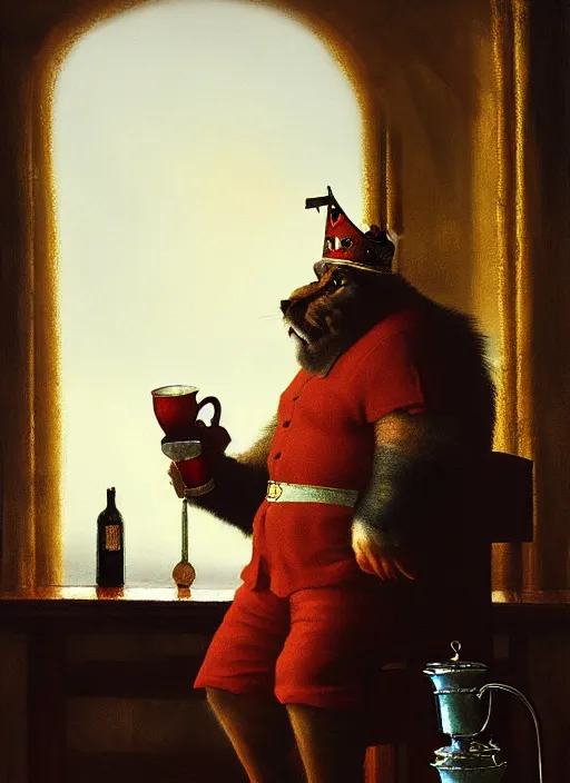 Image similar to king on a throne with a water - filled tankard in his hand in the style of michael sowa, detailed, 4 k, beautifully lit, from a film, cinematic, artstation