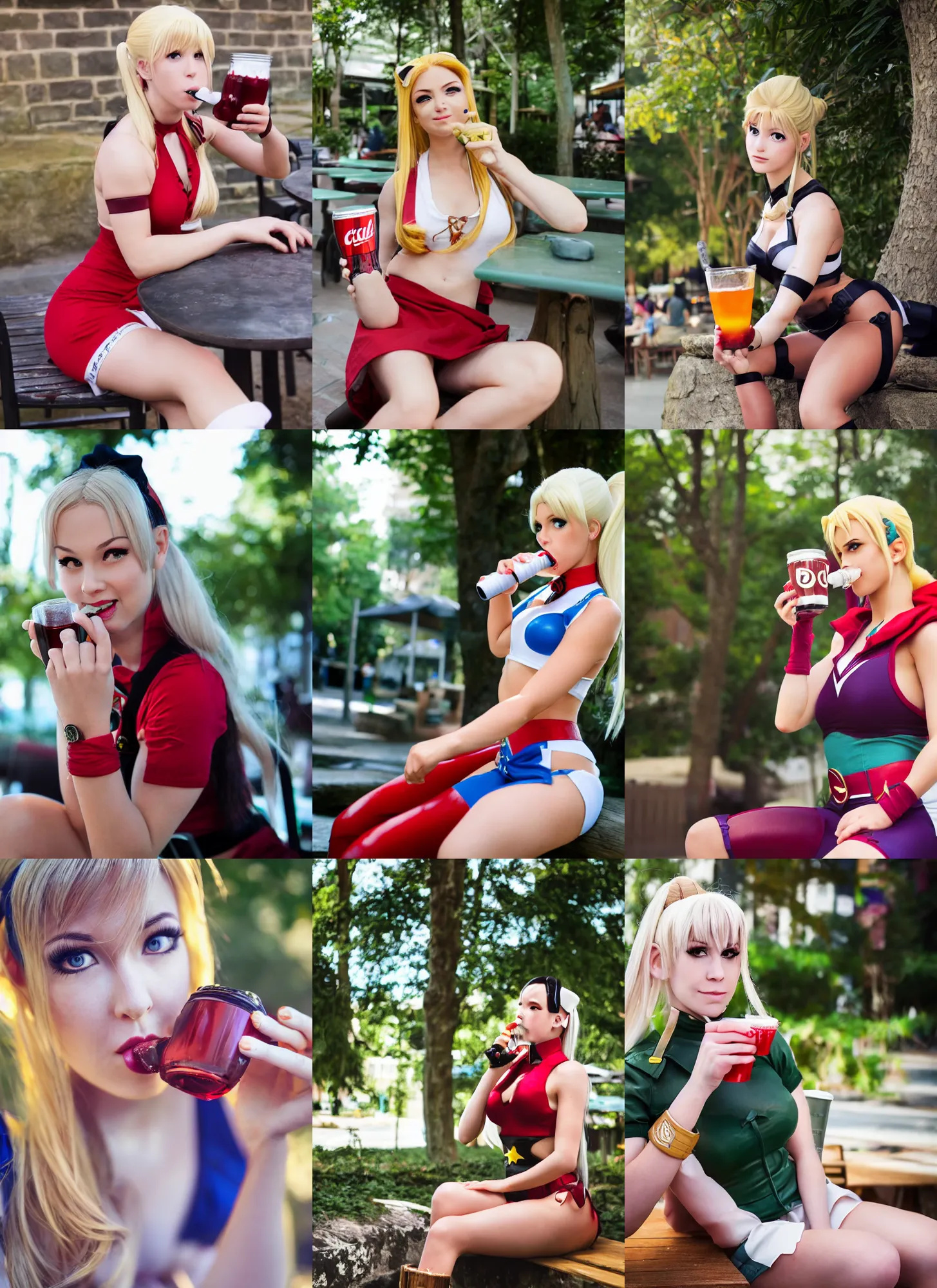 Prompt: Casual photograph of a Cammy White cosplayer drinking a cola, sitting at an outdoors cafe, natural volumetric lighting, sharp, bokeh, nature background