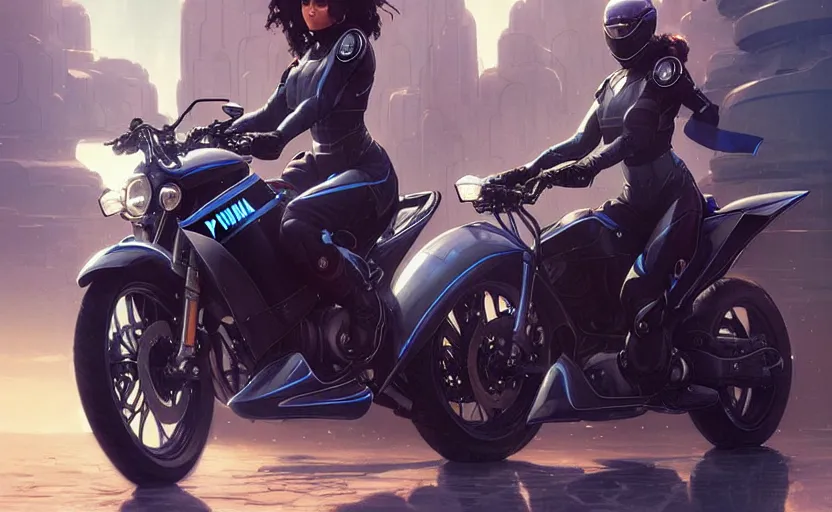 Image similar to Police female riding yamaha motorcycle, sci-fi, highly detailed, digital painting, artstation, concept art, smooth, sharp focus, illustration, art by artgerm and greg rutkowski and alphonse mucha