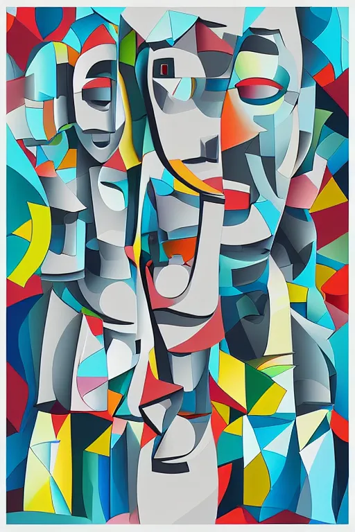 Image similar to cubist moai statue cutout digital illustration cartoon colorful beeple