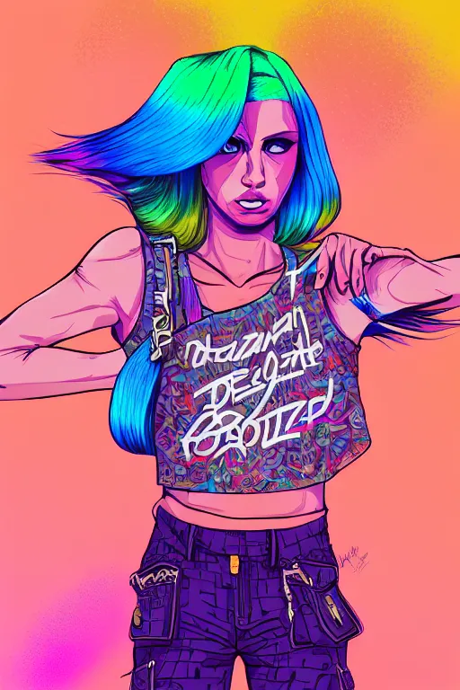 Image similar to a award winning half body portrait of a beautiful woman with stunning eyes in a printed croptop and cargo pants with rainbow colored ombre hairstyle head in motion and hair flying by josan gonzales, outrun, vaporware, shaded flat illustration, digital art, trending on artstation, highly detailed, fine detail, intricate