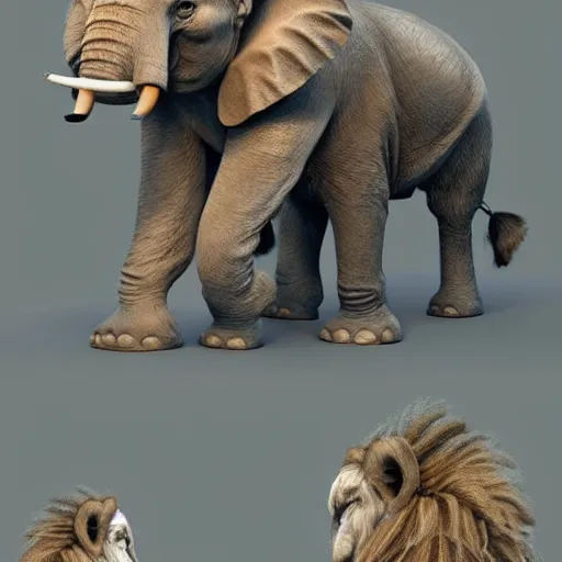 Prompt: a new creature that looks like a combination between an elephant and a lion, has a trunk and big ears yet also fur and a beautiful mane , concept art, trending on artstation 3D.