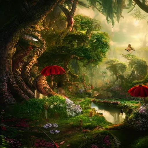 Image similar to photorealistic fantasy concept art of the world of Alice and wonderland landscape, dynamic lighting, magical, mysterious, hyperrealism, 8k resolution, HD quality