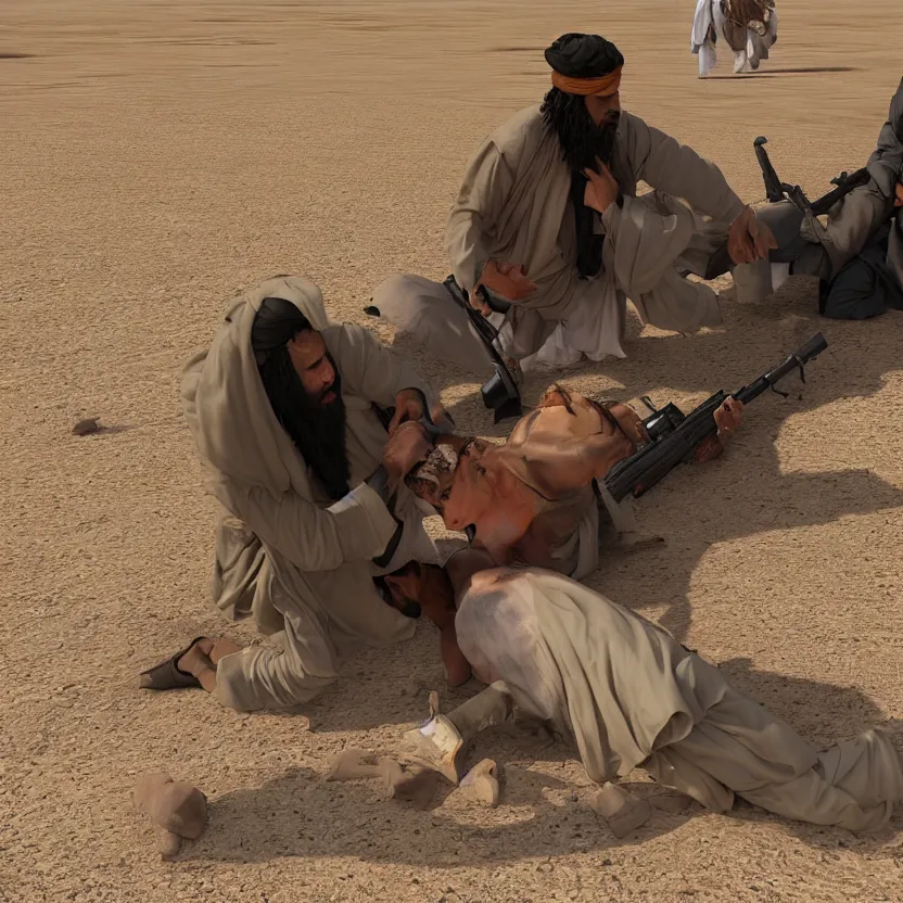 Image similar to a taliban terrorist beheads an usa citizen in the middle of a desert, ultra realistic, highly detailed, zoomed out, canon 3 5 mm photography