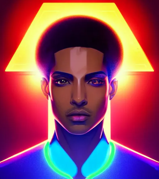 Image similar to symmetry!! egyptian prince of technology, solid cube of light, hard edges, product render retro - futuristic poster scifi, lasers and neon circuits, brown skin man egyptian prince, intricate, elegant, highly detailed, digital painting, artstation, concept art, smooth, sharp focus, illustration, dreamlike, art by artgerm