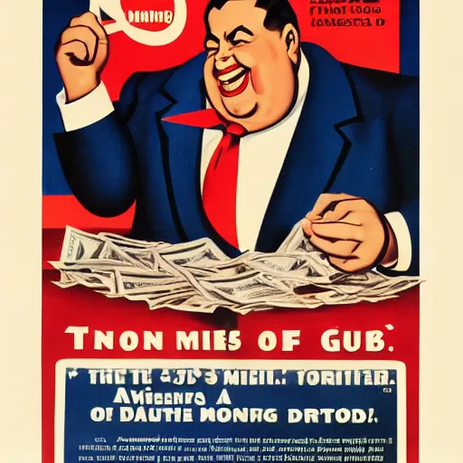 Prompt: 1 9 5 0 american propaganda poster warning the danger of money, featuring a grinning chubby dude in suit