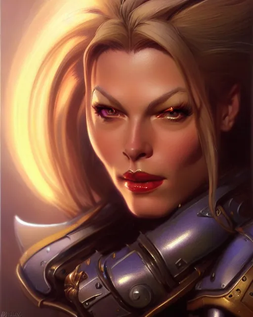 Image similar to brigitte from overwatch, fantasy, fantasy art, character portrait, portrait, close up, highly detailed, intricate detail, amazing detail, sharp focus, vintage fantasy art, vintage sci - fi art, radiant light, caustics, by boris vallejo