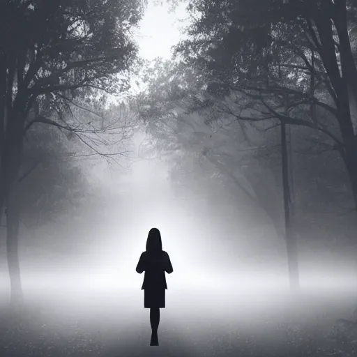 Prompt: girl in a creepy town covered in heavy fog and monsters