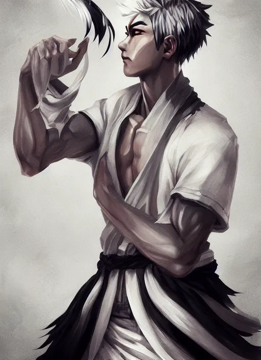 Image similar to a highly detailed illustration of fierce short white haired attractive young japanese man wearing white hakama, black sclera! eyes, dramatic pose, muscular, intricate, elegant, highly detailed, centered, digital painting, artstation, concept art, smooth, sharp focus, league of legends concept art, wlop