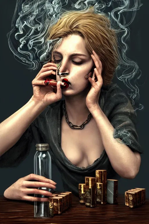 Image similar to dirty faced and very tired womanlooking pile smoking a winebottle, drugs, cigarrette boxes at the table, stormy weather, fantasy, intricate, elegant, highly detailed, digital painting, artstation, concept art, addiction, chains, smooth, sharp focus, illustration, art by Ilja Repin
