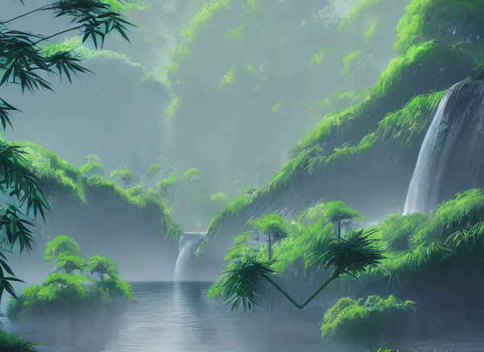 Image similar to misty japanese bamboo forest, lake, waterfall!!!!!, large mountain, rule of thirds, sunny, cartoony, stylized anime, sun rays, soft, by hayao miyazaki, ghibli studio, makoto shinkai, toei animation, studio trigger, trending on artstation, 4 k, hd