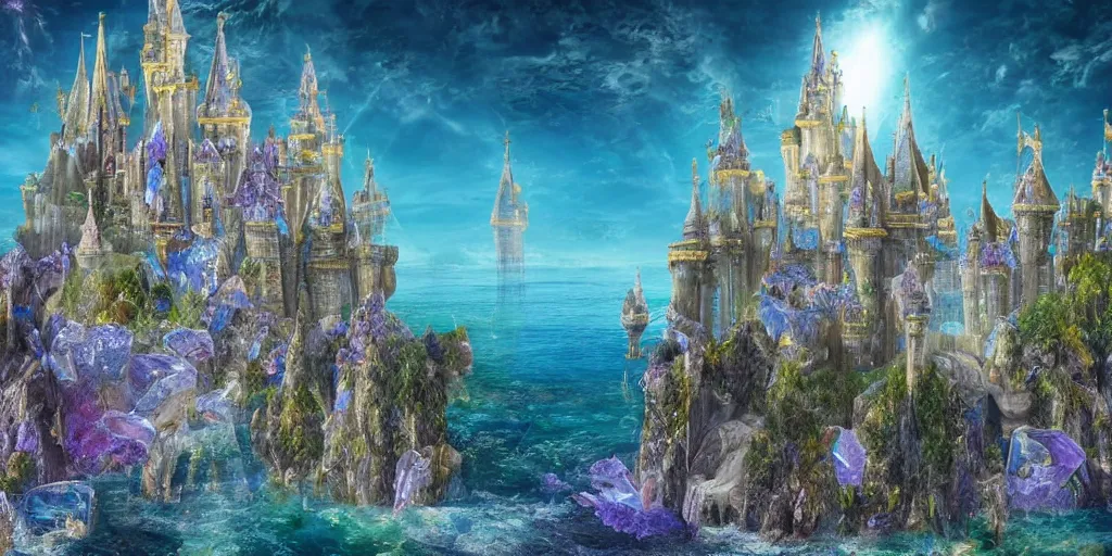 Prompt: a large fantasy castle made out of crystals standing in the middle of the sea,beautiful scenery,4k,high quality