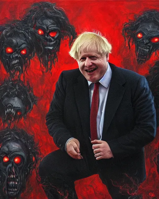 Image similar to dark fantasy painting of uk politician former prime minister boris johnson wearing a suit of red dancing smiling in the fiery pits of hell, smiling and having fun with demons, satanic imagery, pagan, satanic symbolism, 4 k detail