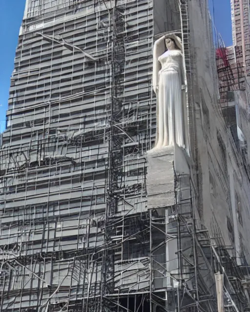 Image similar to a gigantic 500 foot tall white marble statue of Gal Gadot as Wonder Woman surrounded in scaffolding in downtown NYC