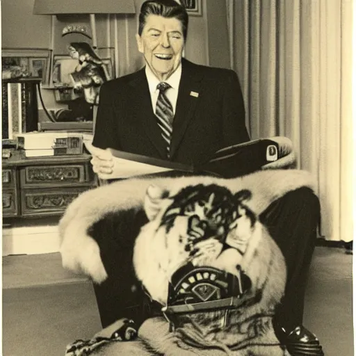 Image similar to [ ronald reagan sitting in chair... tiger lying at his feet ]