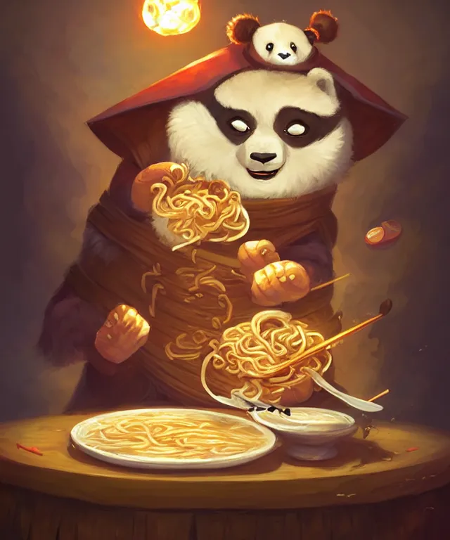 Image similar to a portrait an anthropomorphic panda mage eating ramen, wearing mage robes, restaurant in background, cute and adorable, dnd character art portrait, well rendered matte fantasy painting, deviantart artstation, by jason felix by steve argyle by tyler jacobson by peter mohrbacher, cinematic lighting