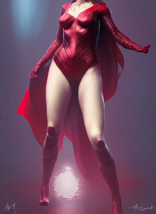 Image similar to Scarlet Witch, full body portrait, hyper detailed, digital art, trending in artstation, cinematic lighting, studio quality, smooth render, unreal engine 5 rendered, octane rendered, illustration, art by wlop and klimt and krenz cushart