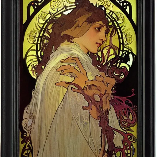 Prompt: keeper of secrets by alphonse mucha