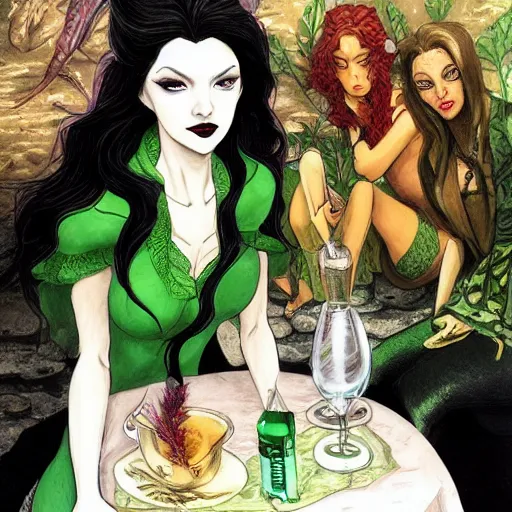 Prompt: a beautiful picture of doctor poison ivy professor of botany and doctor liliana vess professor of demonology having lunch, academic clothing, dark eyeliner, intricate, elegant, highly detailed, digital painting, artstation, concept art, matte, sharp focus, illustration, art by bob ross and hokusai