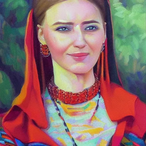 Image similar to hyperrealism oil painting of beautiful ukrainian woman in vyshyvanka