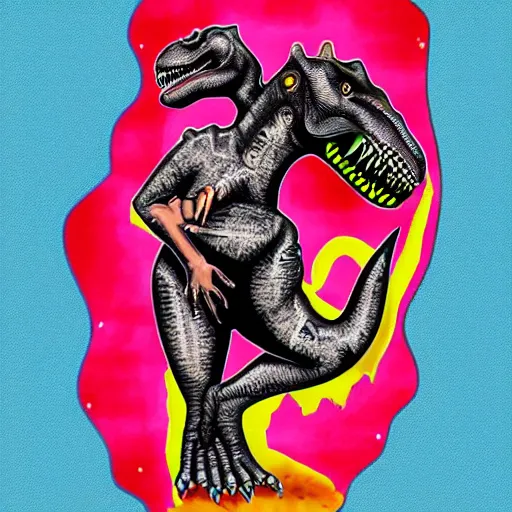 Image similar to princess T-Rex in the style of Ed Hardy