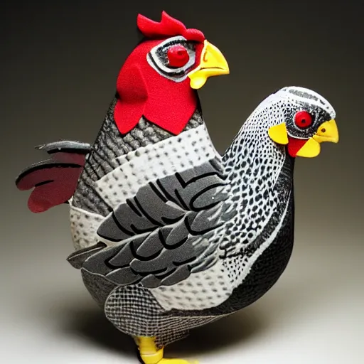 Prompt: barred Plymouth Rock chicken, studio!! lighting, dotted with white hearts!!