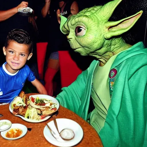 Image similar to Cristiano Ronaldo, Messi and yoda eat dinner together