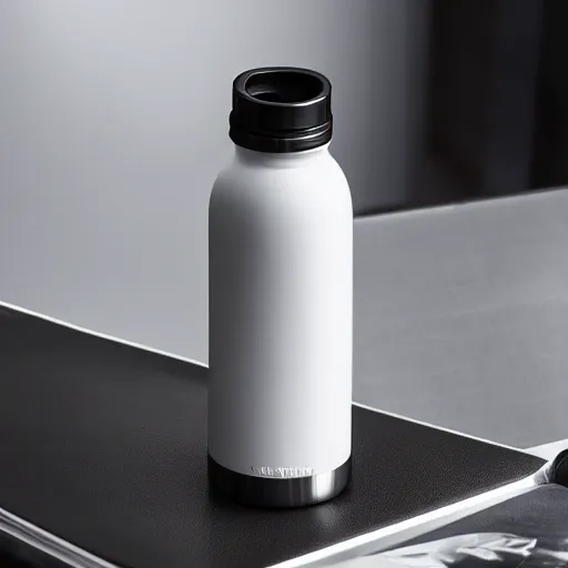 Prompt: cinematic photoshoot of clean modern hand crafted super futuristic tech water bottle pro display xpr luxury smooth color metal white silver with black leather padding well design ultrareallistic detailed high quality 8 k photorealistic ultra realistic