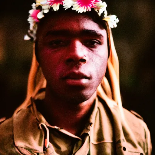 Image similar to close up kodak portra 4 0 0 photograph of a futuristic soldier after the battle standing in dark forestin in a crowd, flower crown, moody lighting, telephoto, 9 0 s vibe, blurry background, vaporwave colors, faded