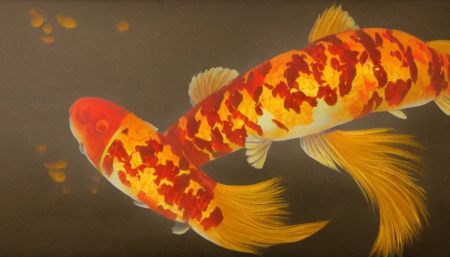 Image similar to a desolate golden glowing koi! swims in magical water with caustics and volumetric lighting, photorealistic painting