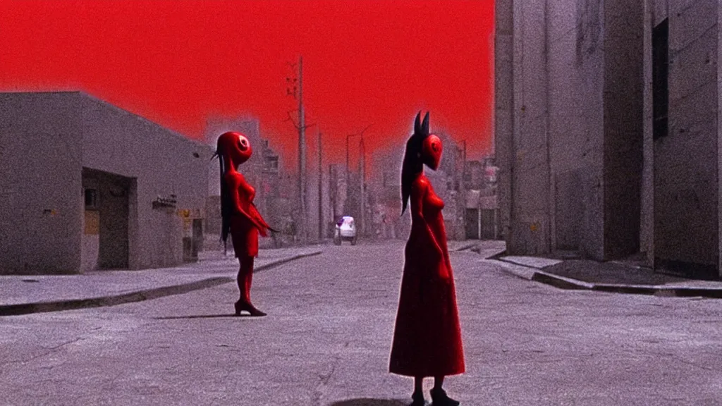 Image similar to a woman in a red dress wearing a red demon mask standing alone on an empty street in downtown Tokyo with a gun, film still from the an anime directed by Katsuhiro Otomo with art direction by Zdzisław Beksiński, wide lens