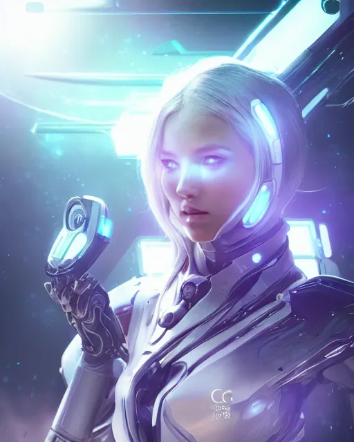 Image similar to perfect android girl on a mothership, warframe armor, beautiful face, scifi, futuristic, galaxy, nebula, raytracing, dreamy, long white hair, blue cyborg eyes, sharp focus, cinematic lighting, highly detailed, artstation, divine, by gauthier leblanc, kazuya takahashi, huifeng huang