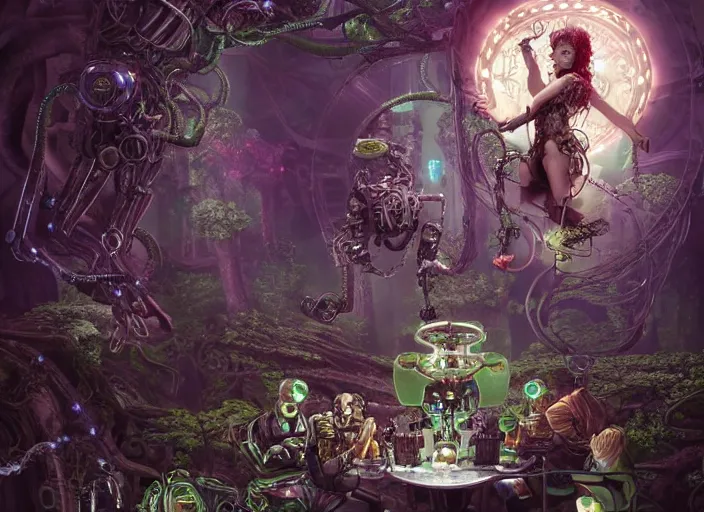 Image similar to intricate mechanical fairy with visible gears having tea with a cyborg gorgon medusa in a magical forest, having tea with a giant minotaur. Very detailed 8k. Fantasy cyberpunk horror. Sharp. Cinematic post-processing