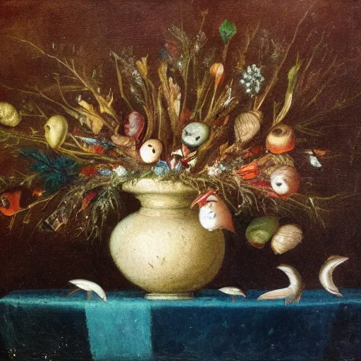 Image similar to a still life of a vase filled with dead fishes, oil painting