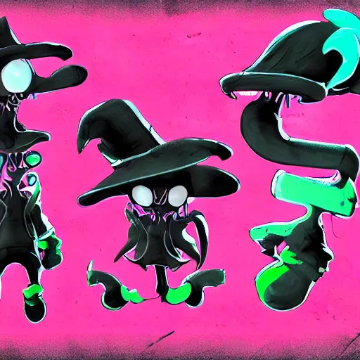 Image similar to character design sheets for a new sinister vampire squid character, artwork in the style of splatoon from nintendo, art by tim schafer from double fine studios, black light, neon, spray paint, punk outfit, tall thin frame, adult character, fully clothed, vampire, spray paint, colorful, jaw breaker color, neon pink, flecks of paint, pop art